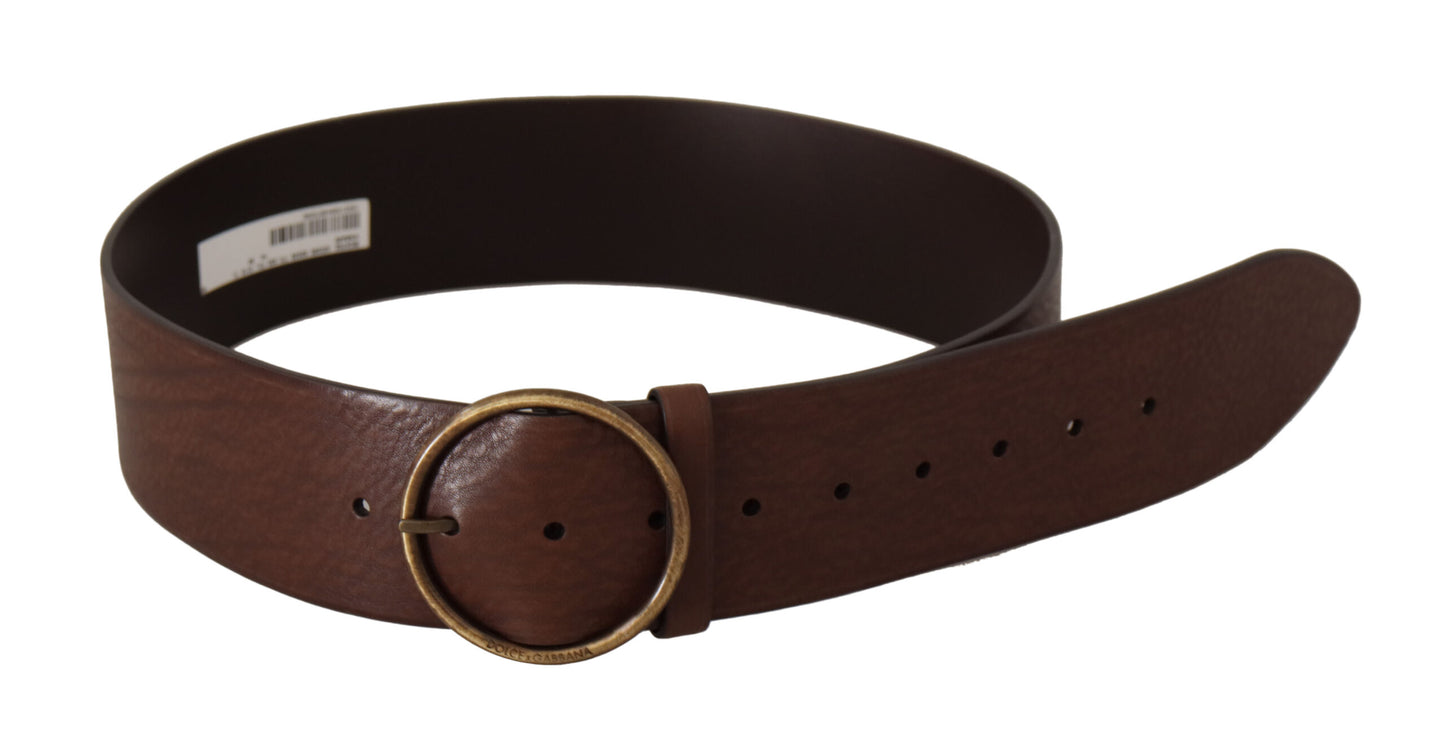 Dolce & Gabbana Brown Leather Wide Waist Logo Metal Round Buckle Belt