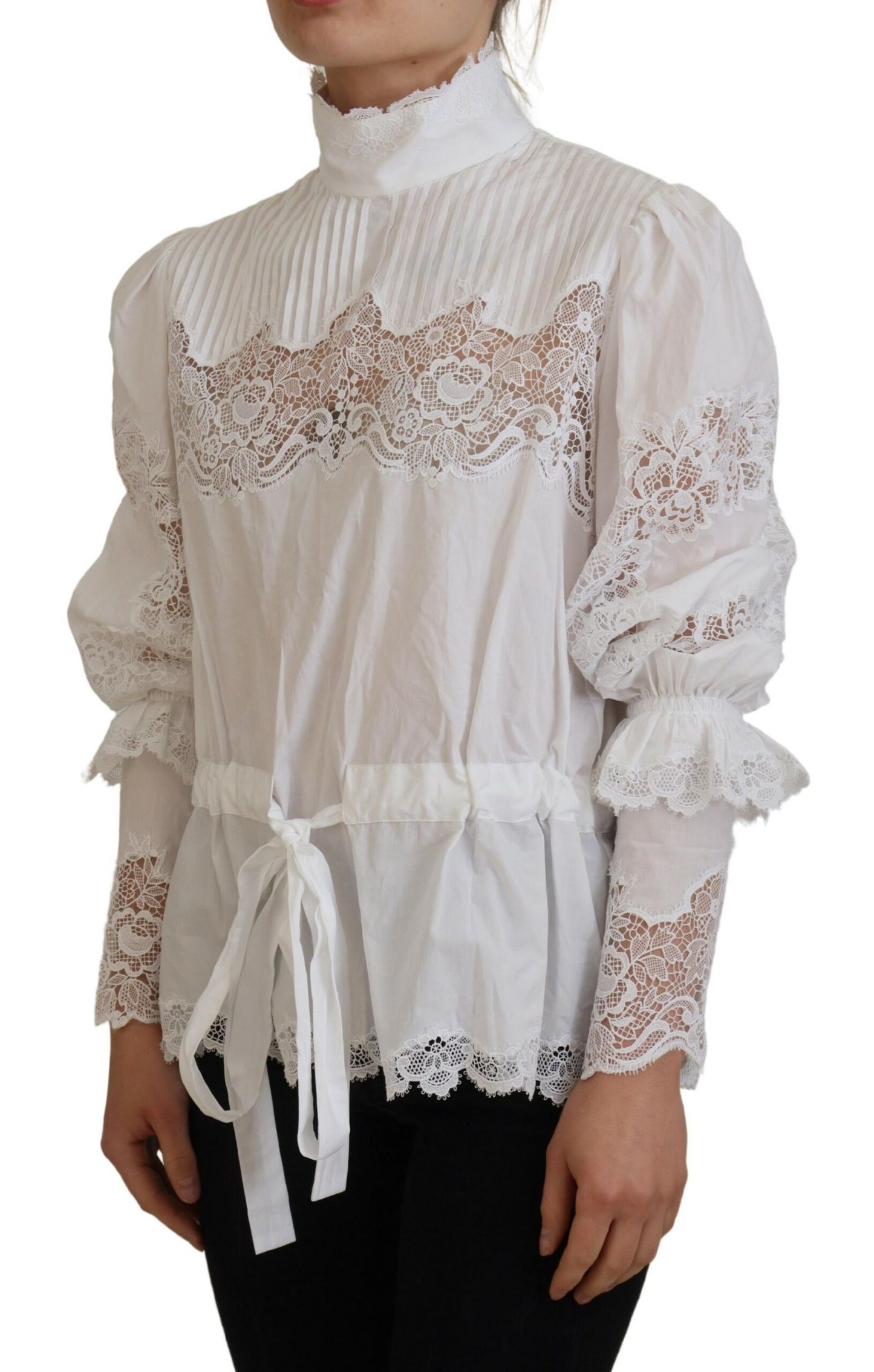 Dolce & Gabbana Elegant White Lace Trim Cotton Blouse