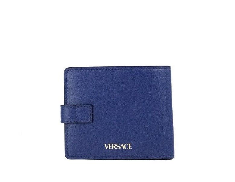 Versace Navy Blue Compact Smooth Leather Gold Toned Medusa Snap Bifold Wallet