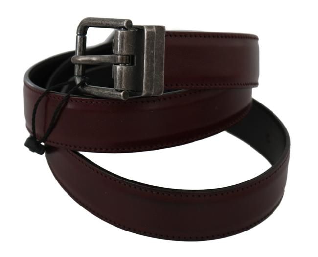 Dolce & Gabbana Men Bordeaux Leather Belt with Gray Brushed Buckle