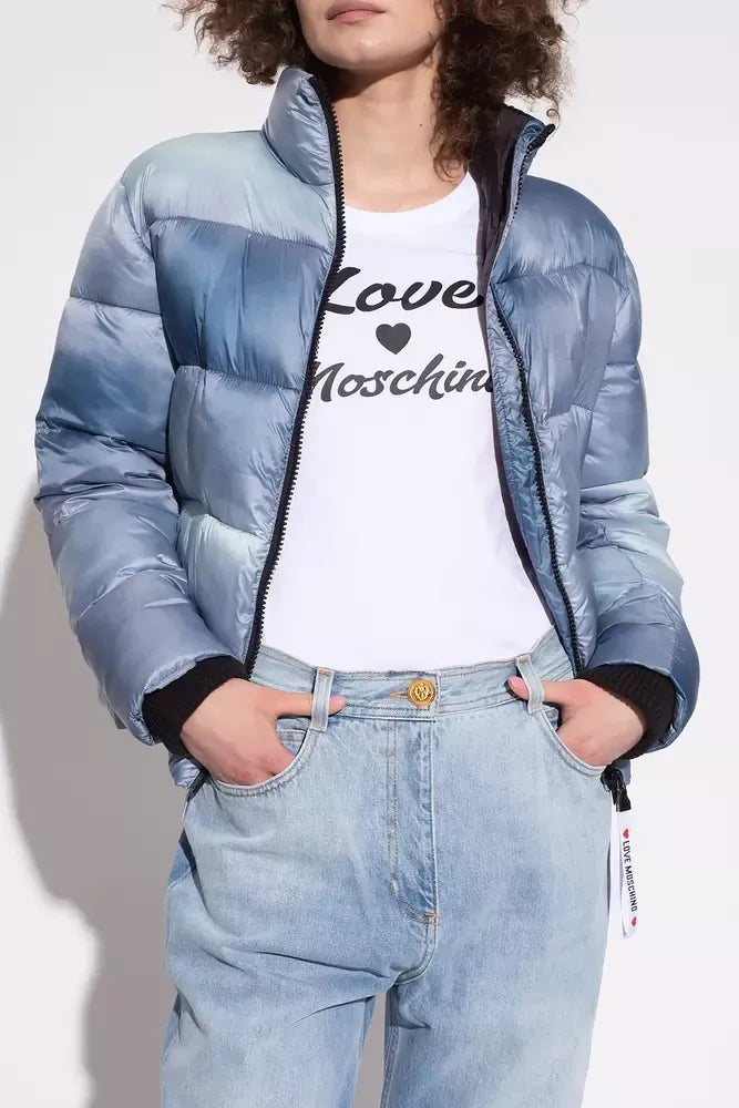 Love Moschino Chic Light Blue Down Jacket with Logo Patch