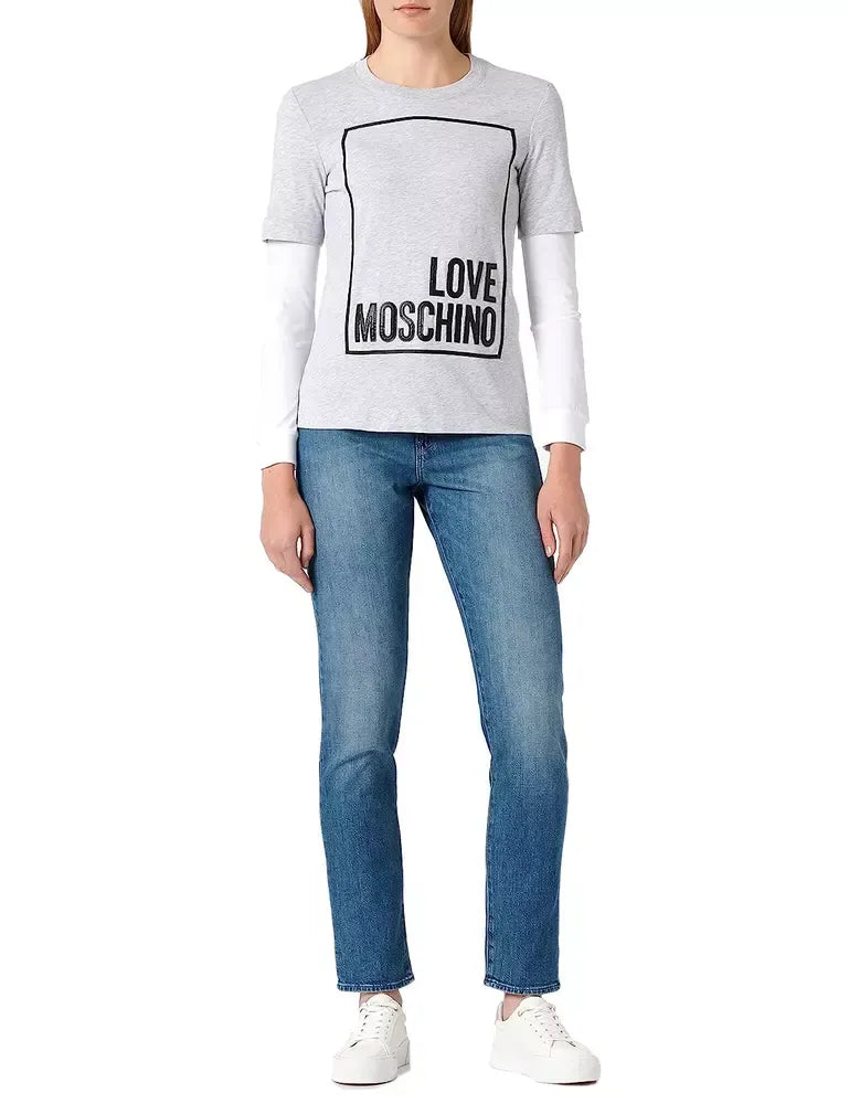 Love Moschino Chic Gray Long-Sleeved Cotton Tee with Logo