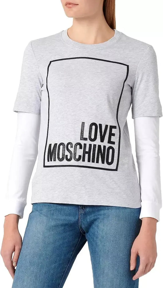 Love Moschino Chic Gray Long-Sleeved Cotton Tee with Logo