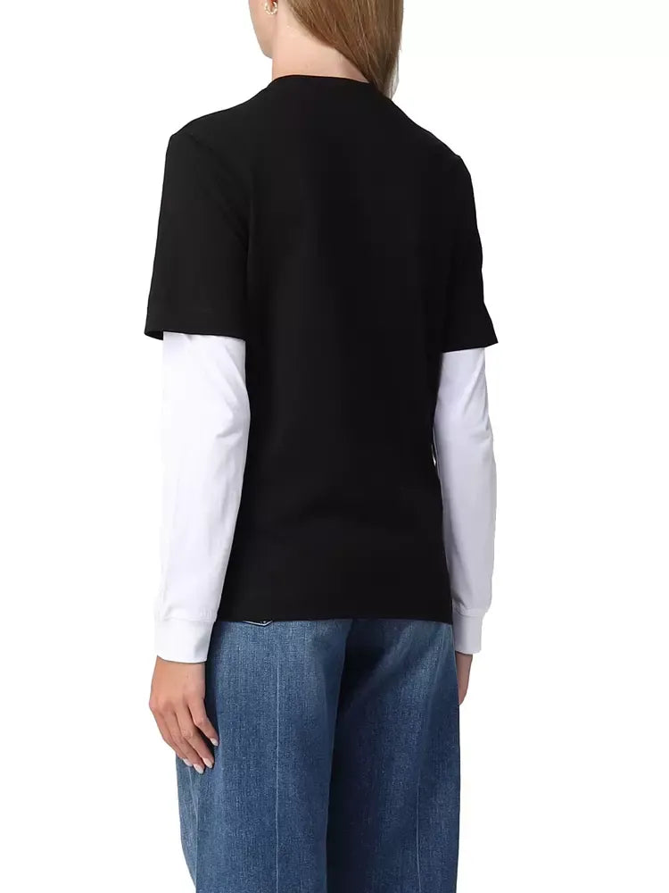 Love Moschino Elegant Black Cotton Tee with Faux-Leather Logo