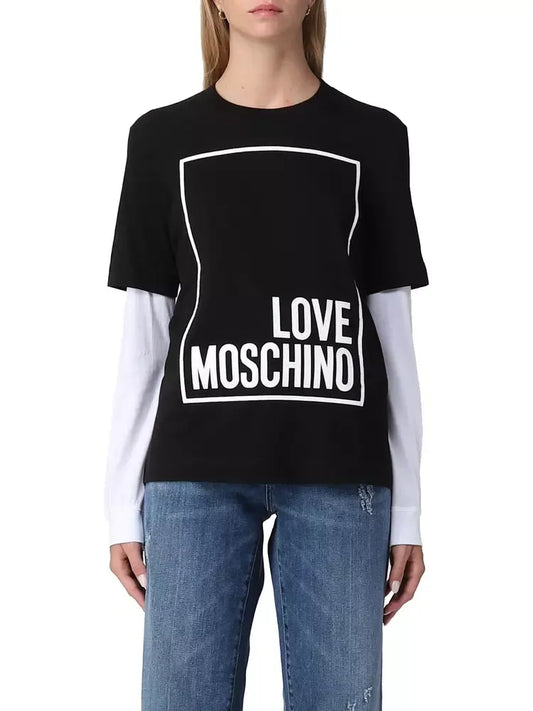 Love Moschino Elegant Black Cotton Tee with Faux-Leather Logo