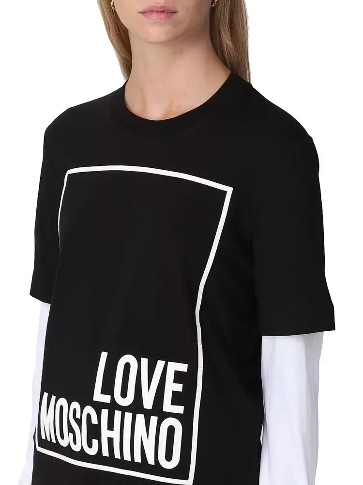 Love Moschino Elegant Black Cotton Tee with Faux-Leather Logo