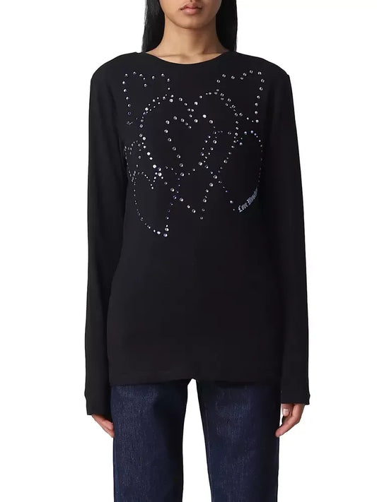 Love Moschino Rhinestone Heart Embellished Cotton Tee