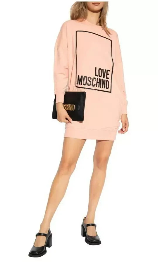 Love Moschino Chic Pink Sweatshirt Dress with Eco-Leather Logo