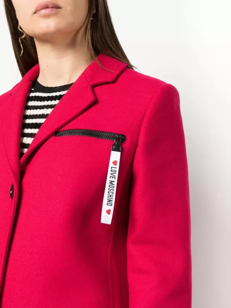 Love Moschino Chic Pink Woolen Coat with Logo Details