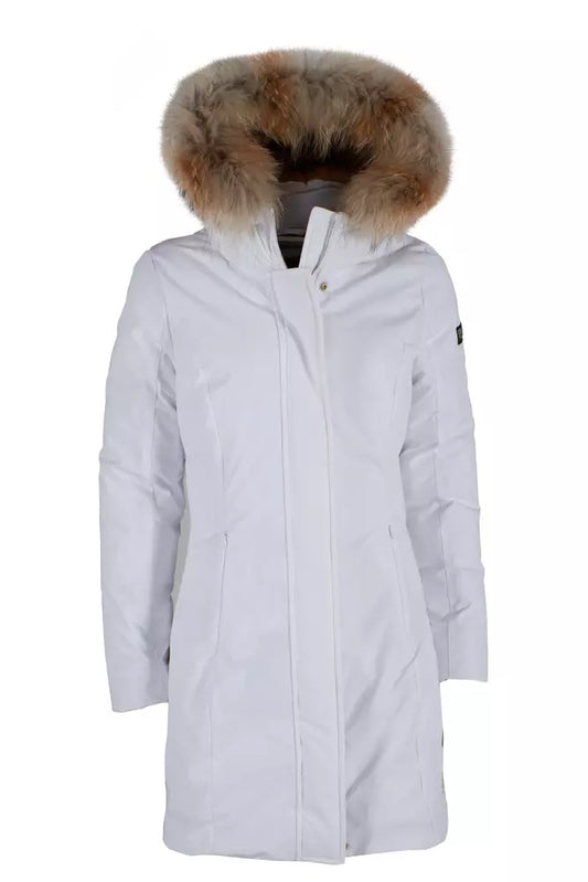 Yes Zee Chic White Down Jacket with Fur-Trimmed Hood