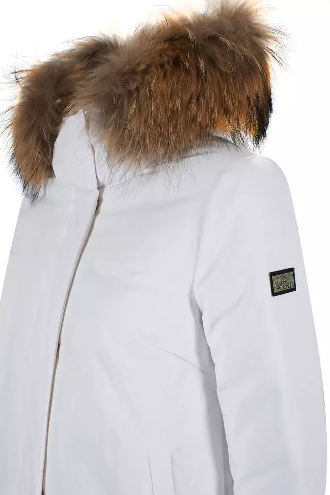 Yes Zee Chic White Down Jacket with Fur-Trimmed Hood