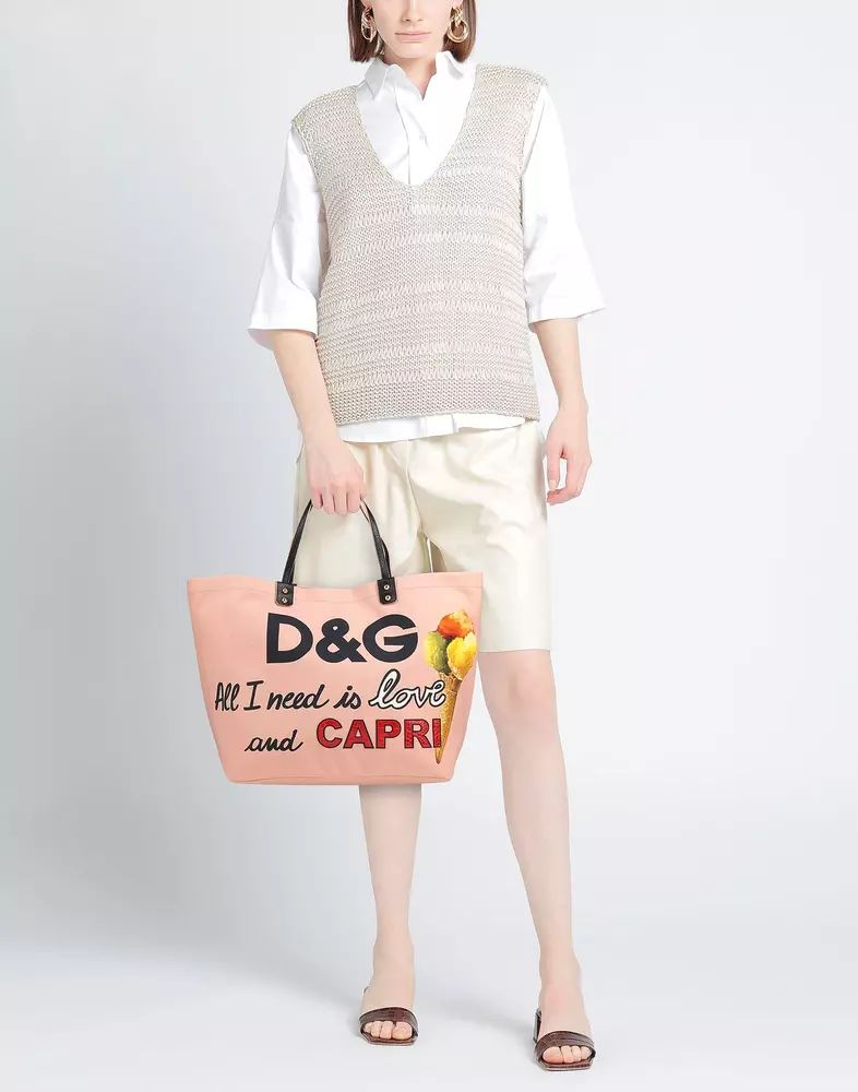 Dolce & Gabbana Elegant Pink Cotton Shopper with Calfskin Accents