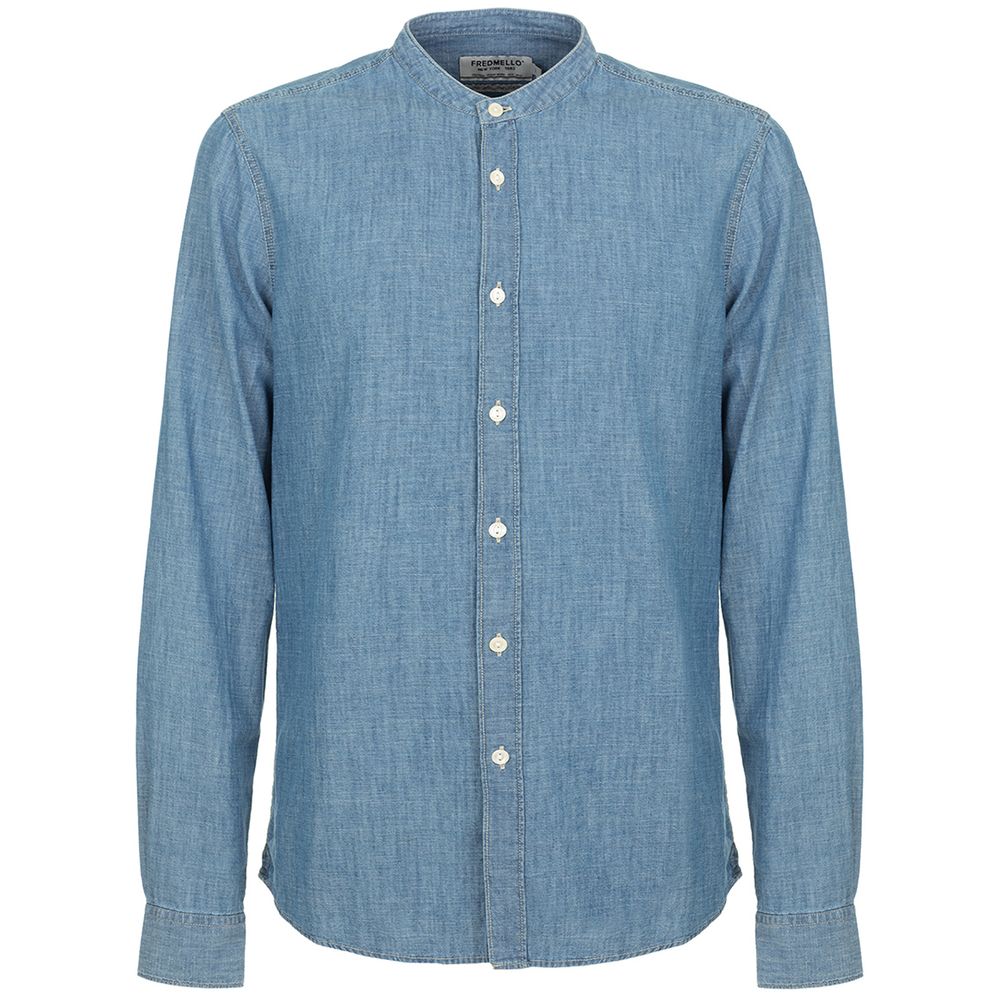 Fred Mello Mandarin Collar Blue Linen-Cotton Shirt