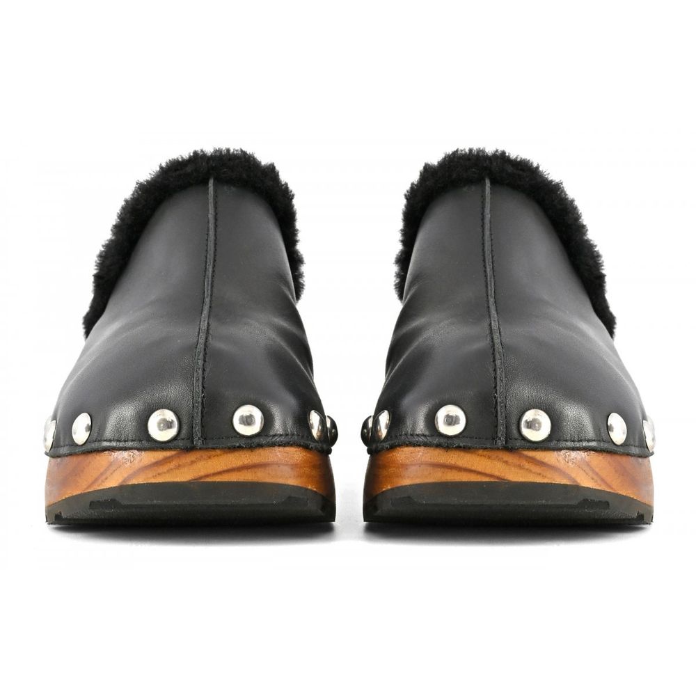 Coral Blue Elegant Black Leather Clogs with Faux Fur Trim