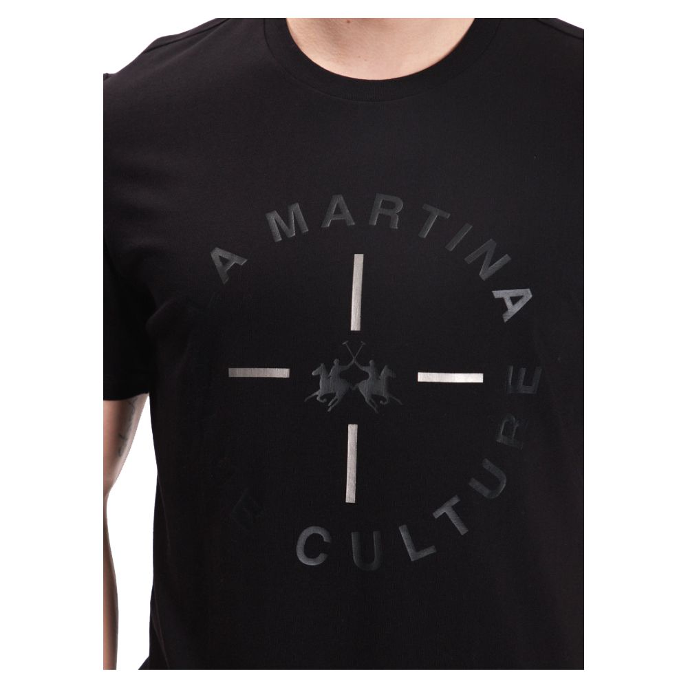 La Martina Elegant Black Jersey Tee with Chic Front Print