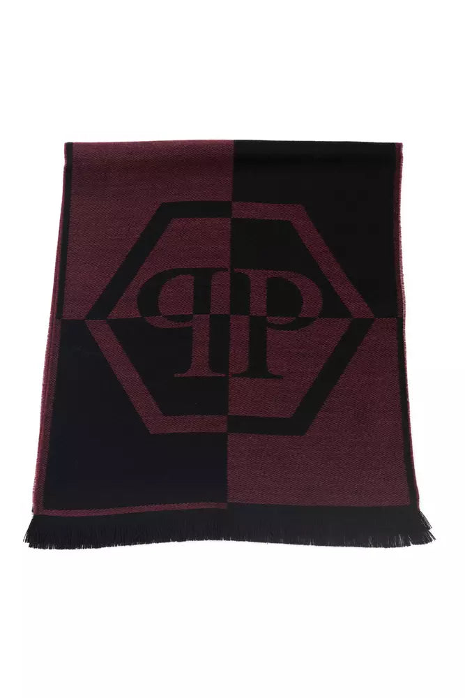 Philipp Plein Elegant Burgundy Fringed Wool-Blend Scarf