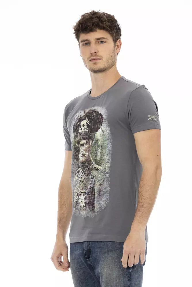 Trussardi Action Elegant Gray Round Neck Tee with Front Print