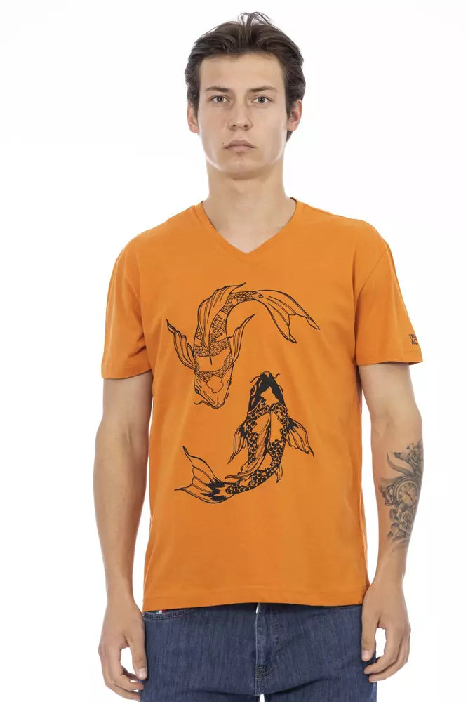 Trussardi Action Vibrant Orange V-Neck Tee with Elegant Print