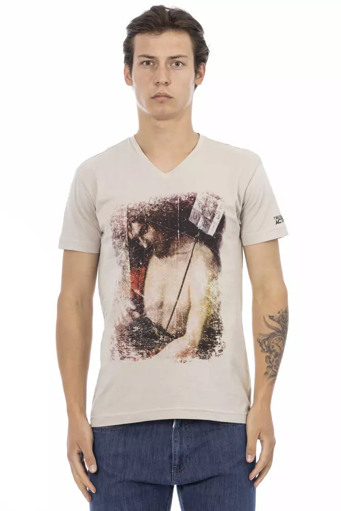 Trussardi Action Beige V-Neck Tee with Front Print