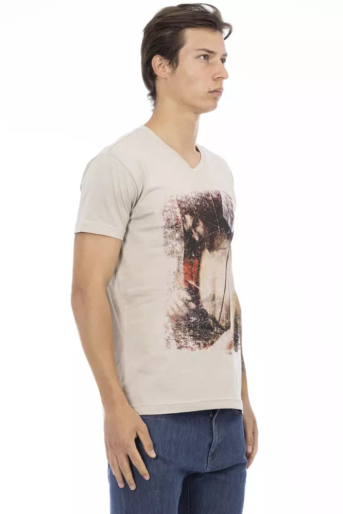 Trussardi Action Beige V-Neck Tee with Front Print