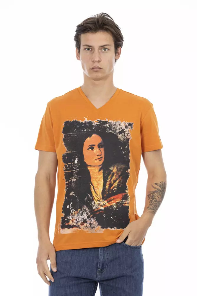 Trussardi Action Vibrant Orange V-Neck Tee with Sleek Print