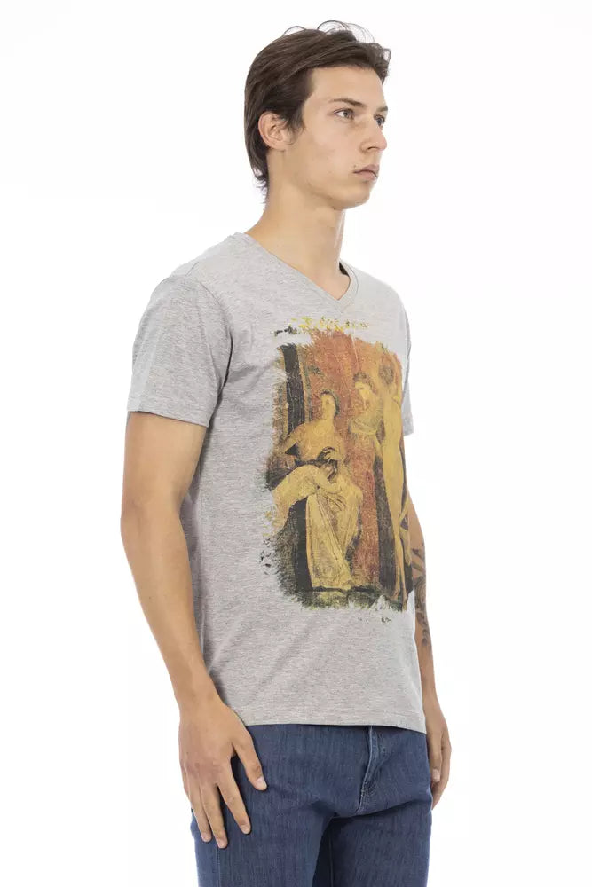 Trussardi Action Elegant Gray V-neck Tee with Front Print