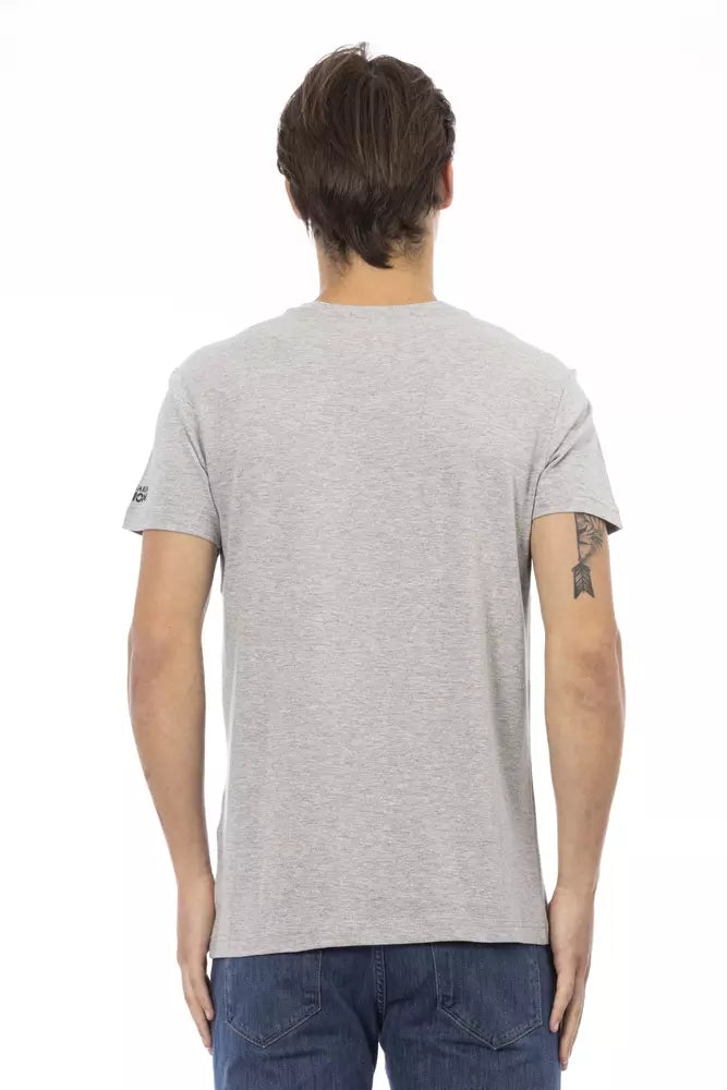 Trussardi Action Elegant Gray V-neck Tee with Front Print