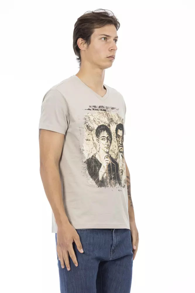 Trussardi Action Chic Beige V-Neck Tee With Front Print