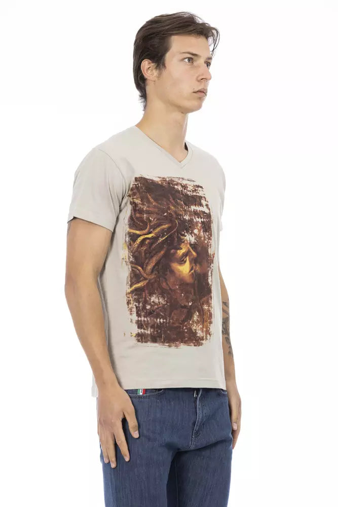 Trussardi Action Beige V-Neck Tee with Chic Front Print