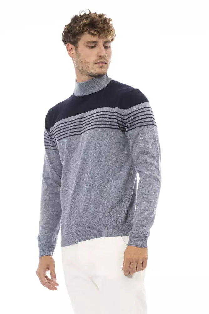 Alpha Studio Elegant Light Blue Mock Neck Sweater for Men