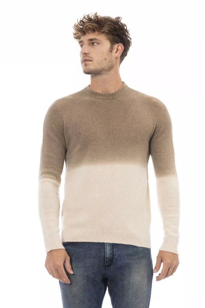 Alpha Studio Beige Crewneck Sweater with Ribbed Details