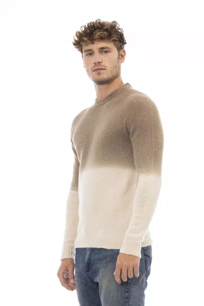 Alpha Studio Beige Crewneck Sweater with Ribbed Details