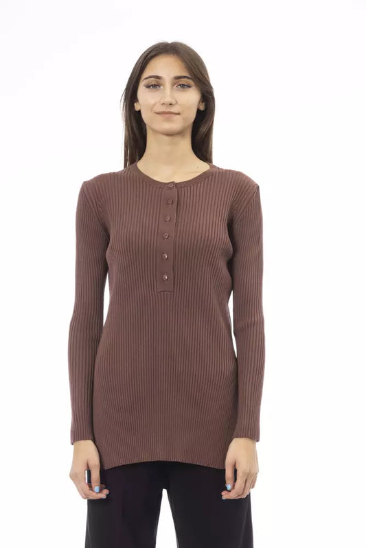 Alpha Studio Chic Brown Side-Slit Sweater with Button Details