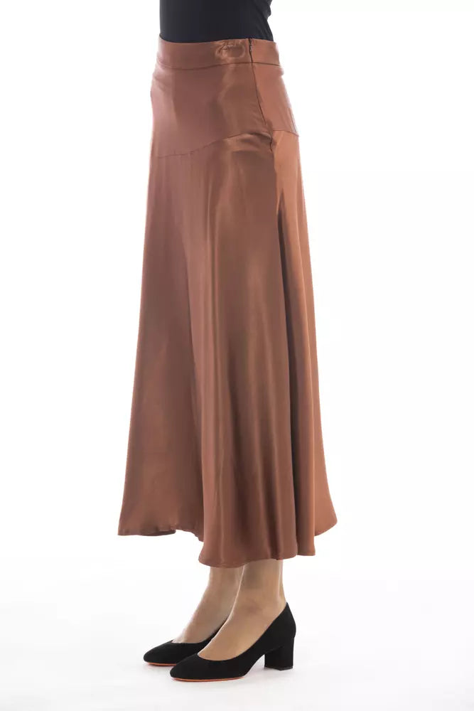 Alpha Studio Elegant Satin Midi Skirt in Rich Brown