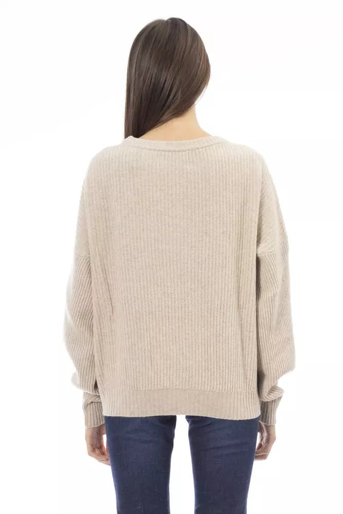 Baldinini Trend Chic Beige Crew Neck Cashmere Blend Sweater