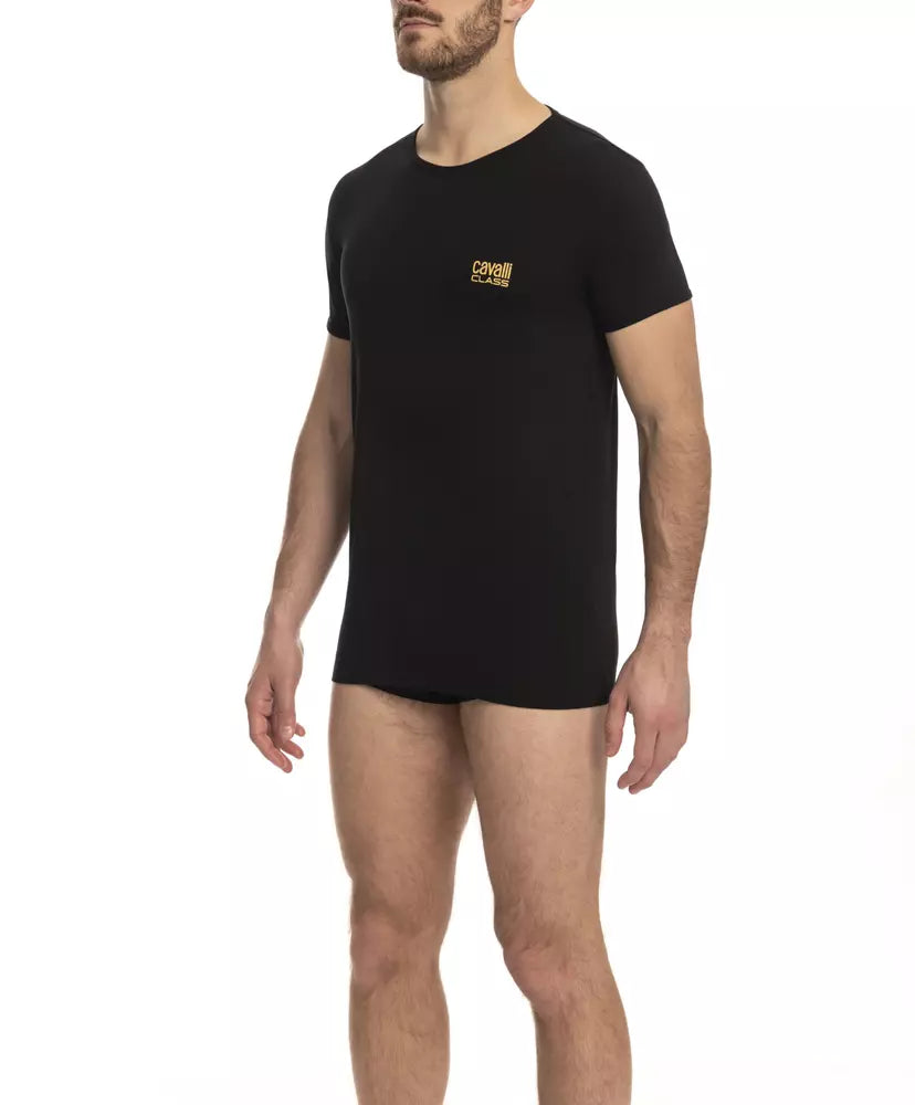 Cavalli Class Sleek Black Cotton Blend Logo Tee