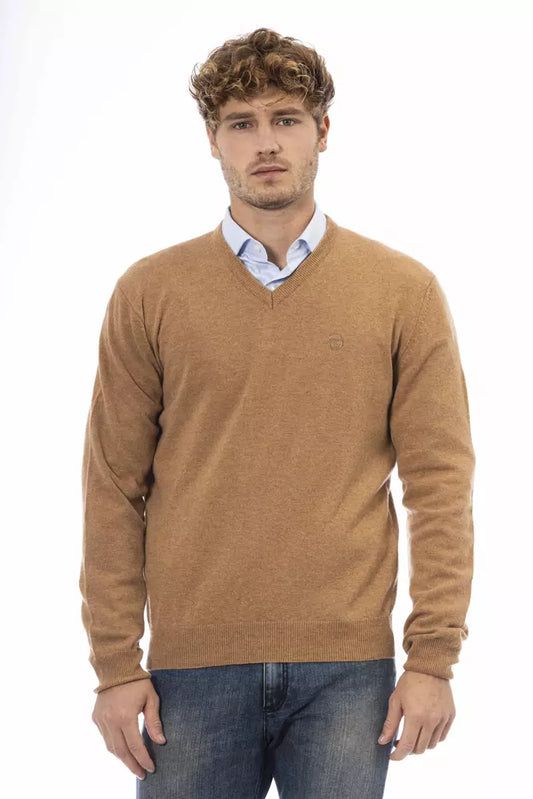 Sergio Tacchini Elegant Beige V-Neck Wool Sweater for Men