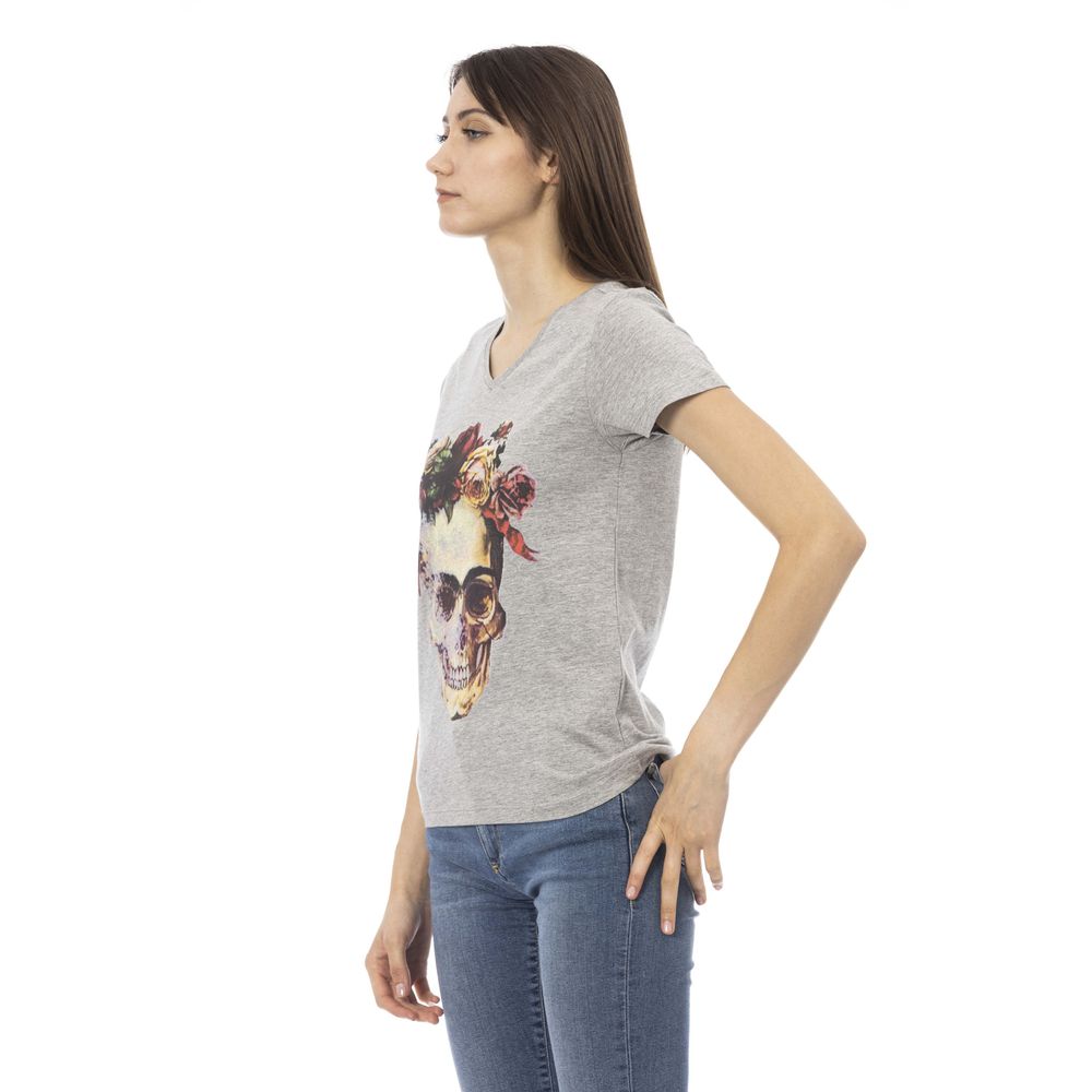 Trussardi Action Elegant Gray V-Neck Tee with Front Print