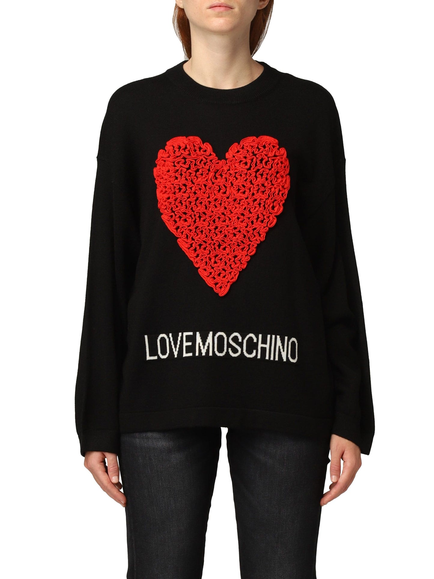 Love Moschino Embossed Heart Ruffle Wool Blend Sweater