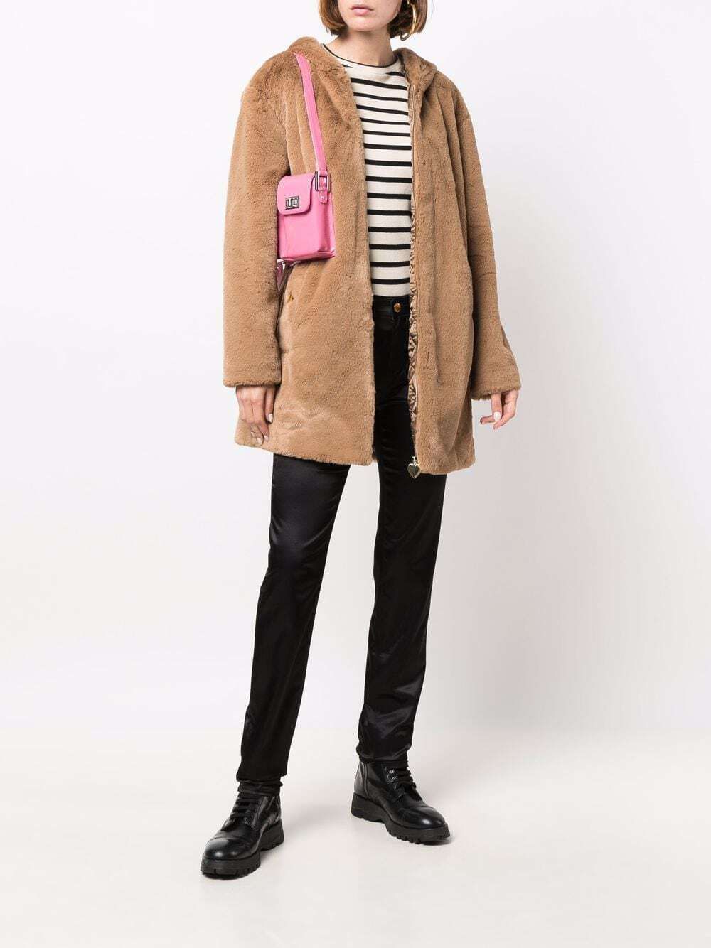 Love Moschino Elegant Beige Faux Fur Hooded Coat