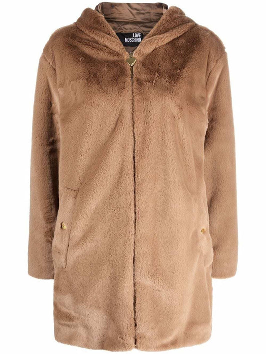 Love Moschino Elegant Beige Faux Fur Hooded Coat