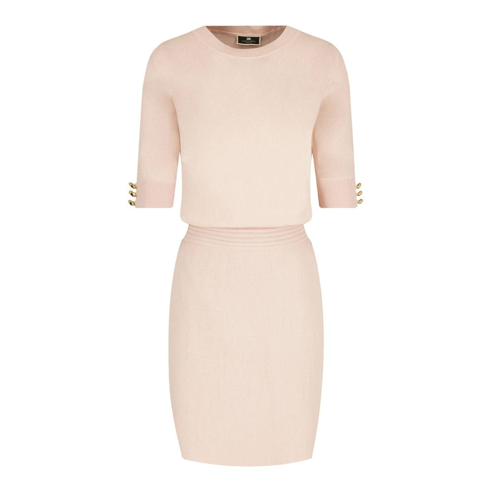 Elisabetta Franchi Elegant Pink Crew-Neck Dress with Golden Accents