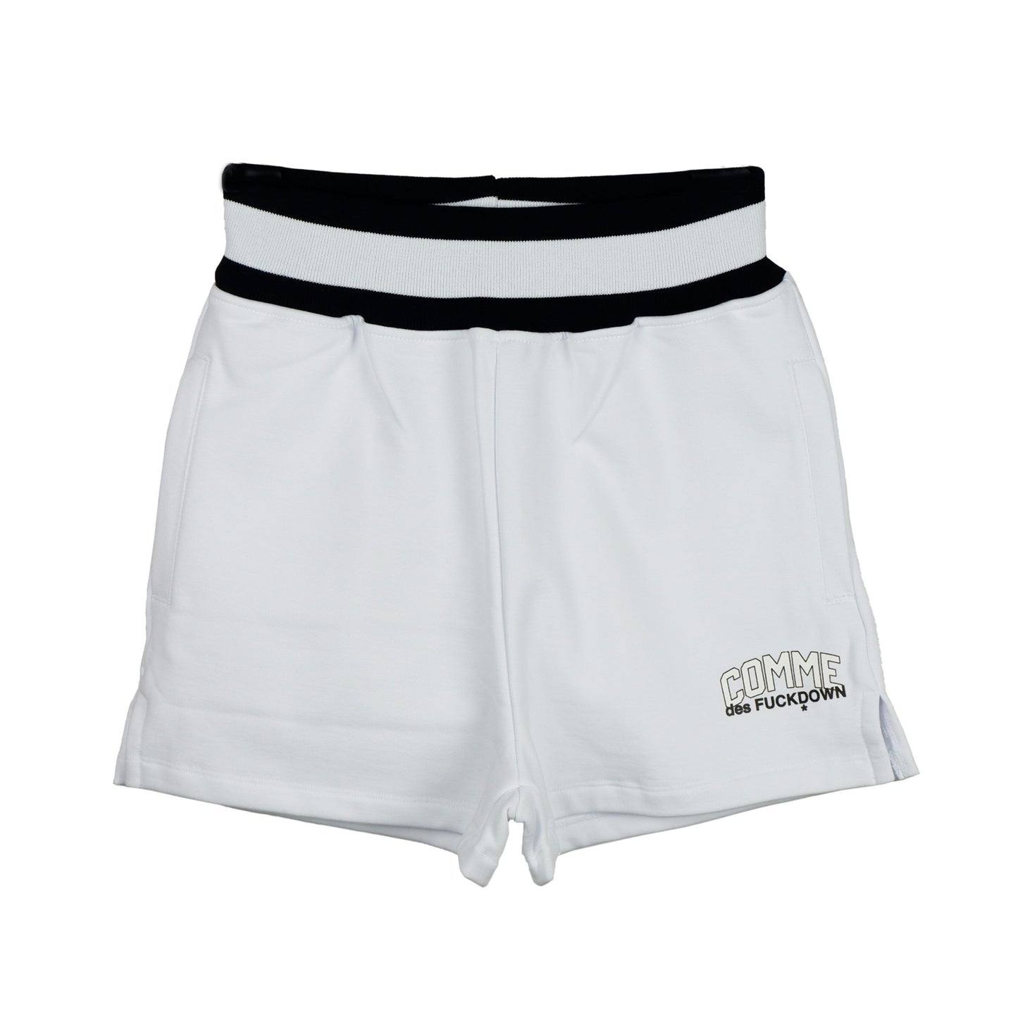 Comme Des Fuckdown Chic White Stretch Shorts with Logo Print