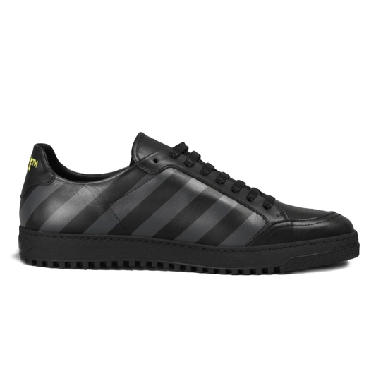 Off-White Stylish Calfskin Sneakers with Iconic Grey Stripes