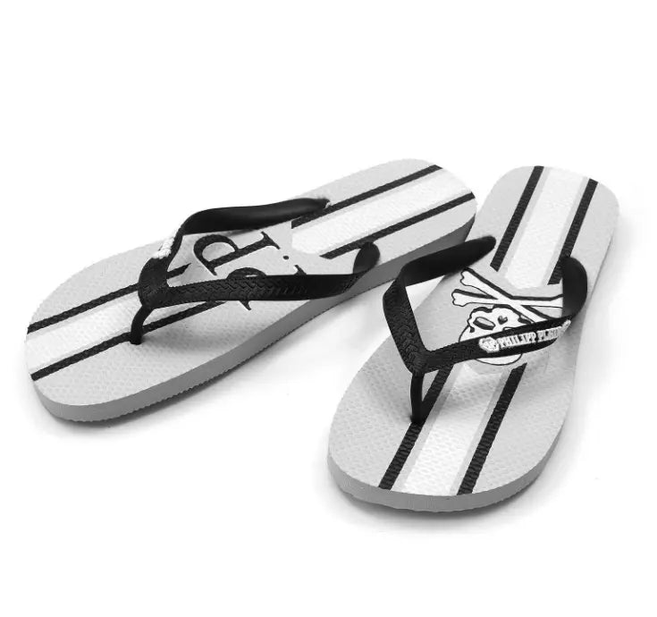 Philipp Plein Chic Gray Logo Print Flip Flops