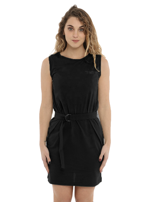 Imperfect Elegant Sleeveless Black Cotton Dress with Belt