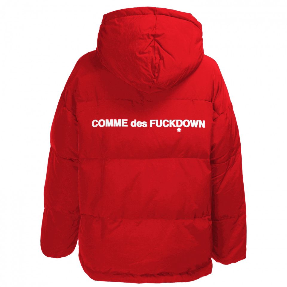 Comme Des Fuckdown Chic Pink Puffer Jacket with Iconic Logo Print