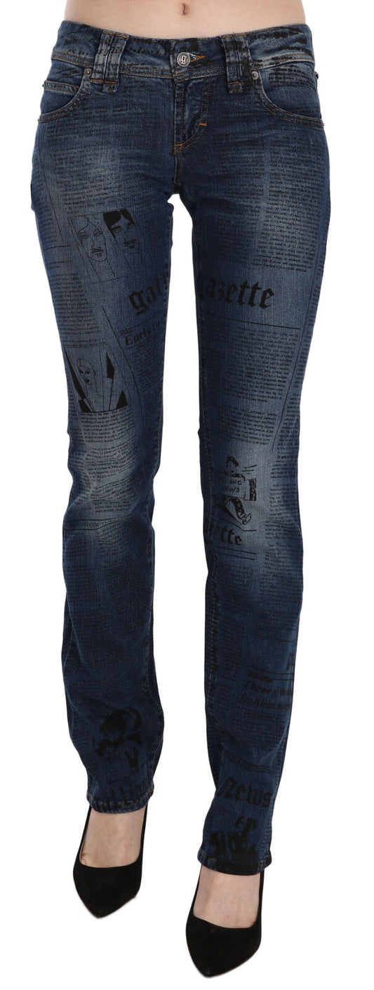 John Galliano Blue Newspaper Print Low Waist Skinny Denim Pants