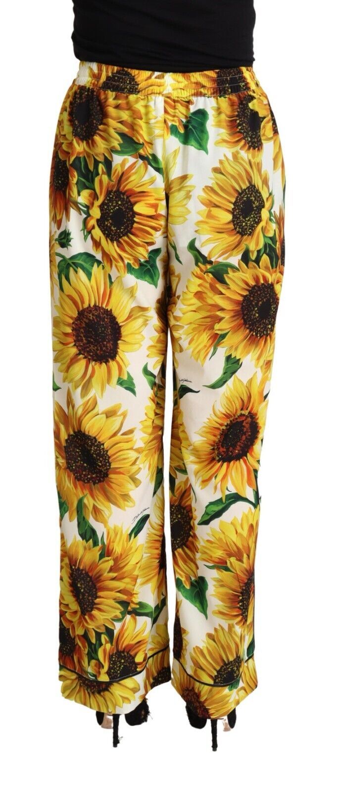 Dolce & Gabbana White Sunflower Print Mid Waist Wide Leg Pants