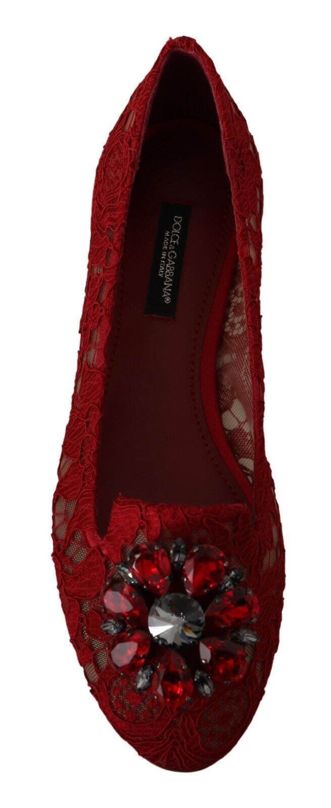 Dolce & Gabbana Radiant Red Lace Ballet Flats with Crystal Buckle